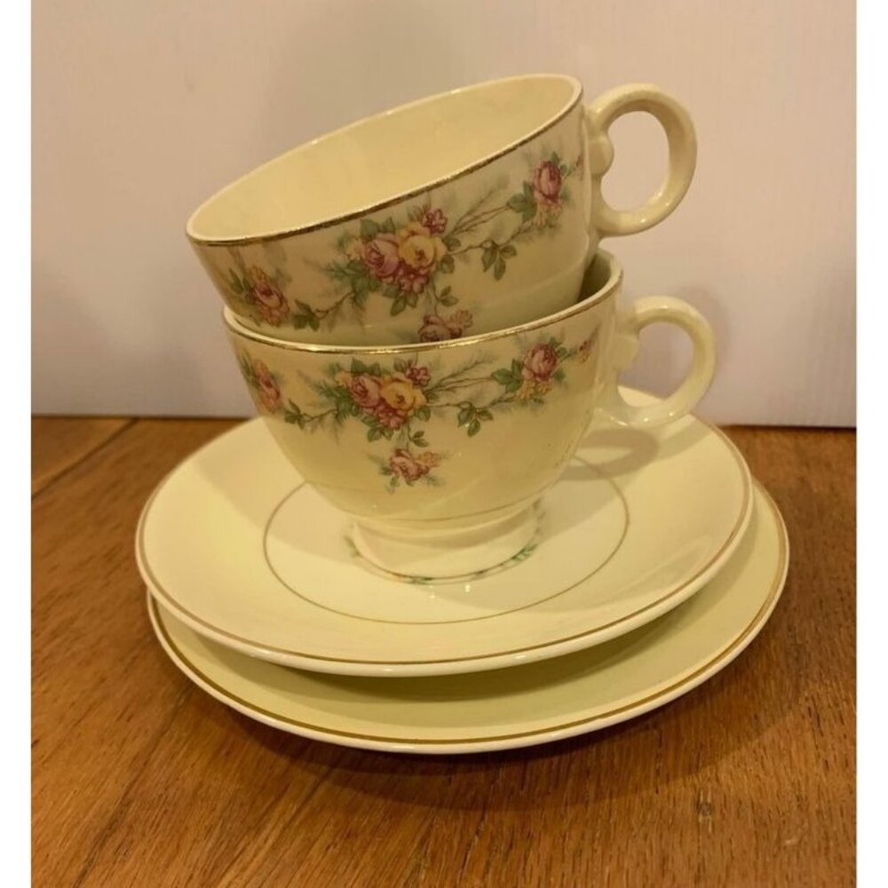Vintage Taylor Smith Pink Yellow Rose Teacups, Saucer Small Plate Set